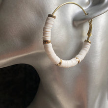 Load image into Gallery viewer, Zora handmade clay gold hoop earrings in white