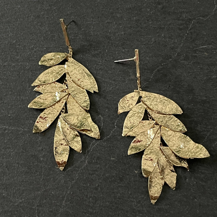 Sierra boho chic glamorous textured gold tiered leaf dangle earrings