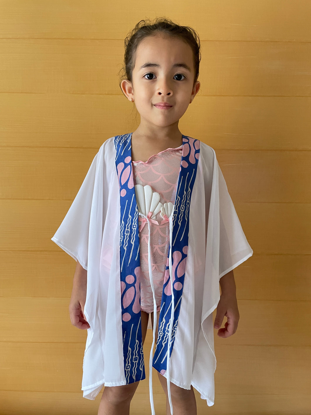 Onism collection white lurex chiffon with parang batik trim kids beachwear resort wear beach kaftan in a matching mommy and me set