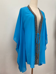 Oriaku azure blue crepe chiffon metallic handsewn beaded trim womens beachwear resort wear beach kaftan