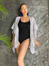 Load image into Gallery viewer, Luana periwinkle purple floral kaftan with crystal trim petite womens beachwear resort wear beach kaftan in a mommy and me matching set