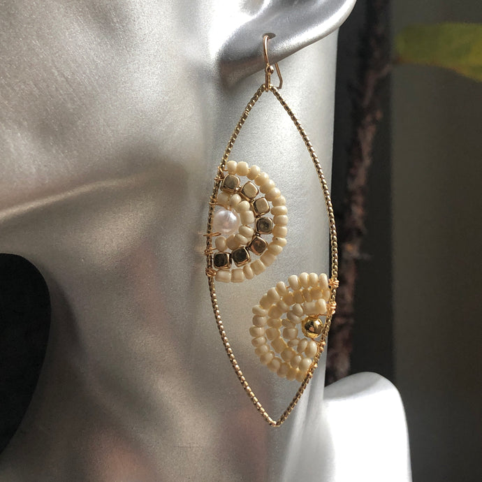 Cateri boho chic handmade hand-beaded dangle earrings in cream and gold