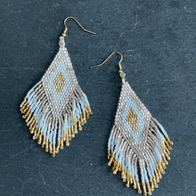 Load image into Gallery viewer, Sakari midi handmade beaded boho chic ethnic inspired statement dangle earrings in gold and white