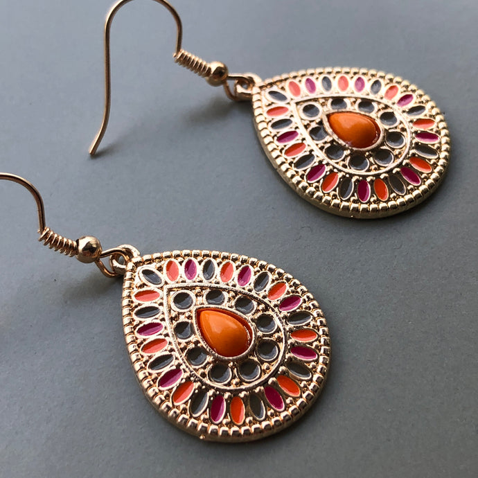 Radha hand painted bead tear drop ethnic inspired gold earrings