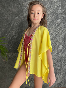 Jasmin yellow satin bejewelled trimmed kids beachwear beach kaftan
