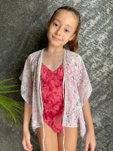 Load image into Gallery viewer, Aluna floral with pearl beaded green border trimmed girls kids beachwear beach kaftan blush