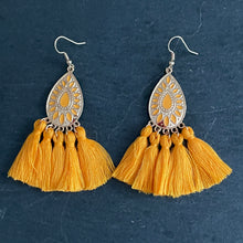 Load image into Gallery viewer, Allegra boho gold teardrop tassel earrings tangerine orange