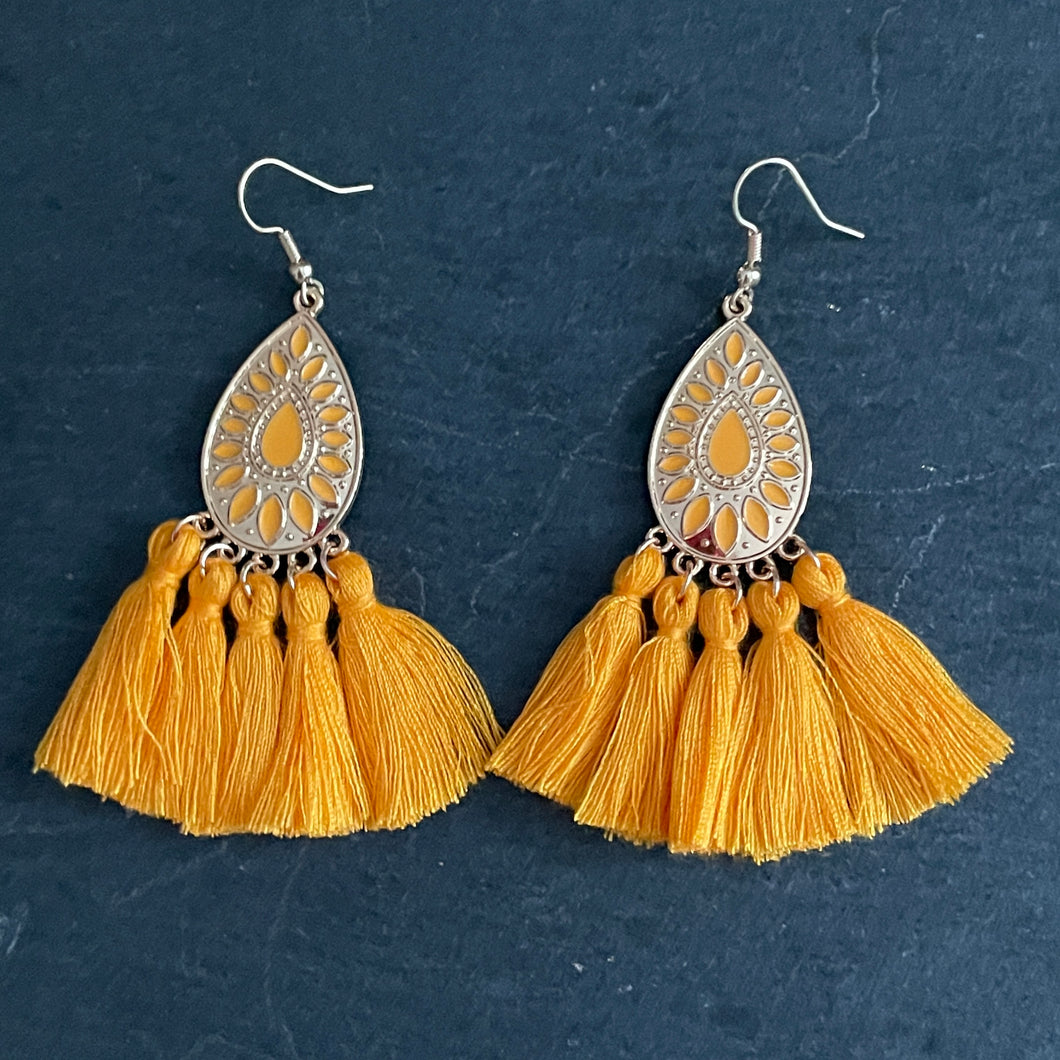 Allegra boho gold teardrop tassel earrings tangerine orange