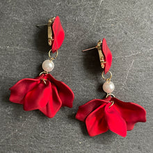 Load image into Gallery viewer, Rosetta red acrylic floral petal dangle earrings with faux pearl