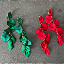 Load image into Gallery viewer, Odette glamorous shimmery lightweight floral dangle earrings in shimmer red and shimmer green