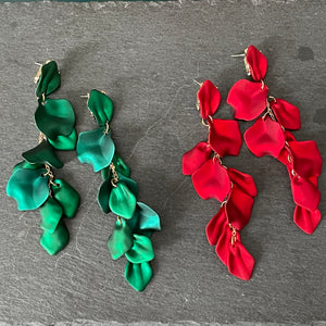 Odette glamorous shimmery lightweight floral dangle earrings in shimmer red and shimmer green