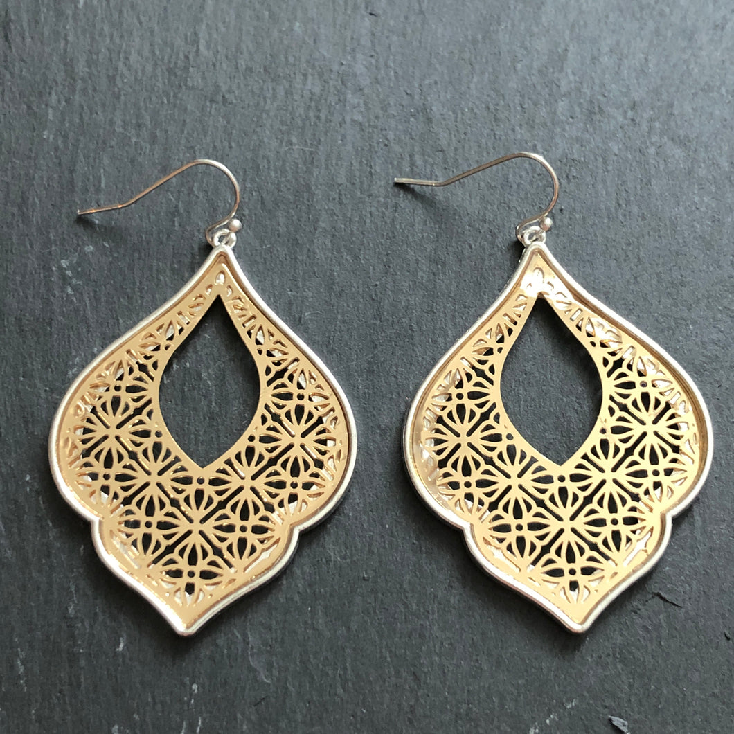 Naya ethnic inspired metallic tear drop earrings gold and silver