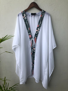 Onism collection white lurex chiffon batik trimmed womens beachwear resort wear beach kaftan