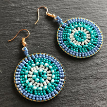 Load image into Gallery viewer, Rhea handmade beaded colorful boho glamorous earrings in blue and green
