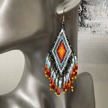 Load image into Gallery viewer, Sakari midi handmade beaded boho chic ethnic inspired statement dangle earrings in multicolour