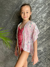 Load image into Gallery viewer, Aluna floral with pearl beaded green border trimmed girls kids beachwear beach kaftan blush