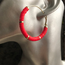 Load image into Gallery viewer, Zora handmade clay gold hoop earrings in red