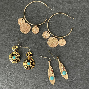 Medora ethnic-inspired gold leaf dangle earrings with turquoise natural stone