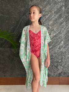 Luana shamrock green floral kaftan with crystal trim kids long beachwear resort wear beach kaftan in a mommy and me matching set