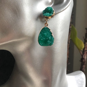 Odina natural druzy crystal dangle earrings in green