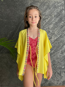 Jasmin yellow satin bejewelled trimmed kids beachwear beach kaftan