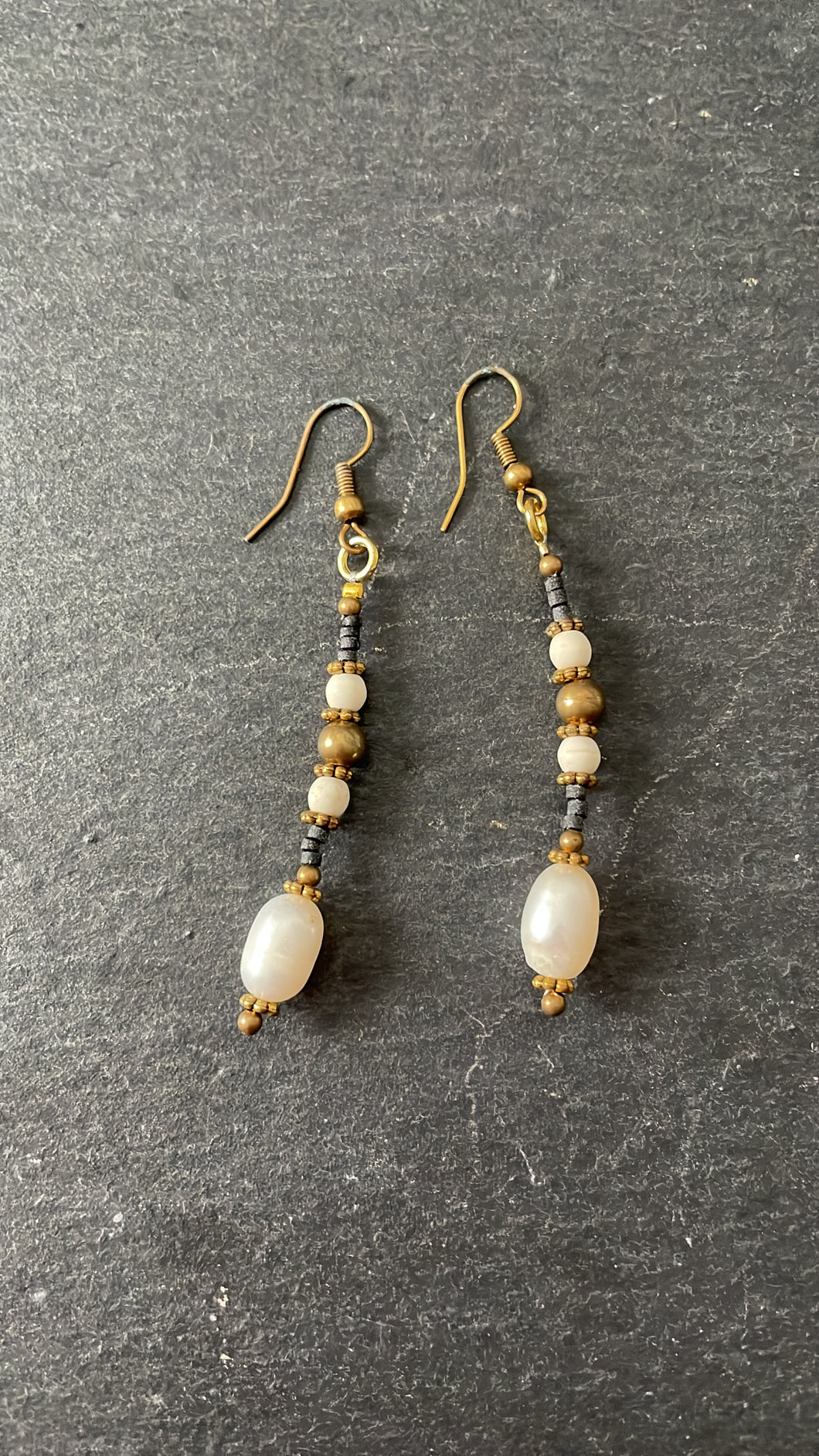 Chariya handmade fresh water pearl, Afghan and brass beads earrings