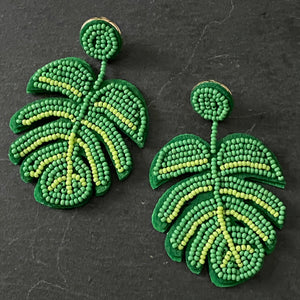 Terra handmade green beaded palm boho chic tropical dangle earrings