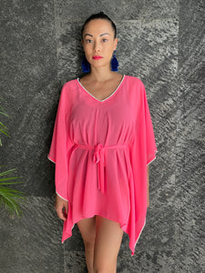 Lahela neon pink cluster beaded womens belted drawstring beachwear beach kaftan in a matching mommy and me set