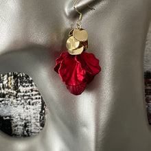 Load image into Gallery viewer, Scarlet shimmer red floral dangle earrings with gold accents