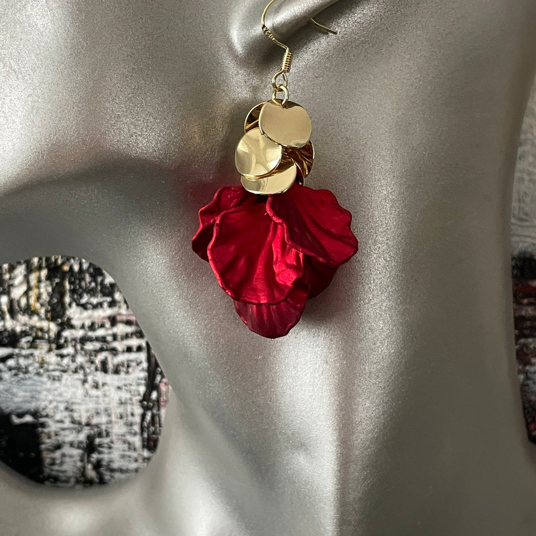Scarlet shimmer red floral dangle earrings with gold accents