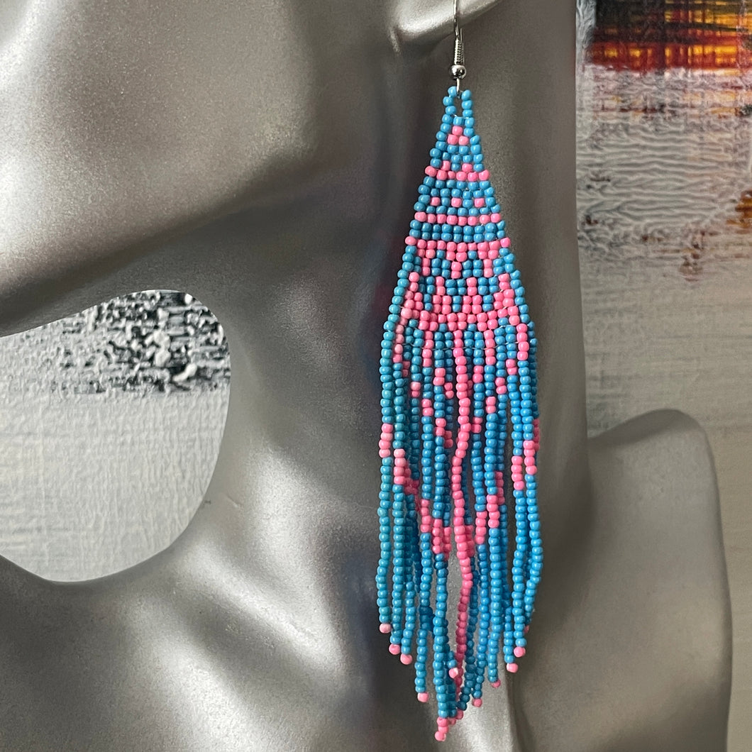 Sade handmade beaded boho chic two tone dangle earrings in pink and blue