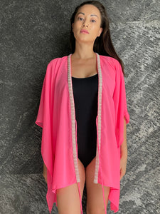 Ophelie neon pink chiffon beach kaftan with hand sewn pearly bead trim