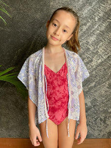 Aluna floral with pearl beaded pink border trimmed girls kids beachwear beach kaftan periwinkle