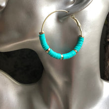 Load image into Gallery viewer, Zora handmade clay gold hoop earrings in sea green