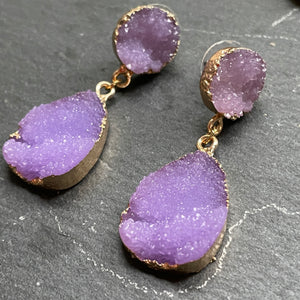 Odina natural druzy crystal dangle earrings in purple