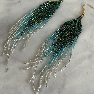 Neka boho glamorous hand beaded dangle earrings in green aqua white shimmery beads
