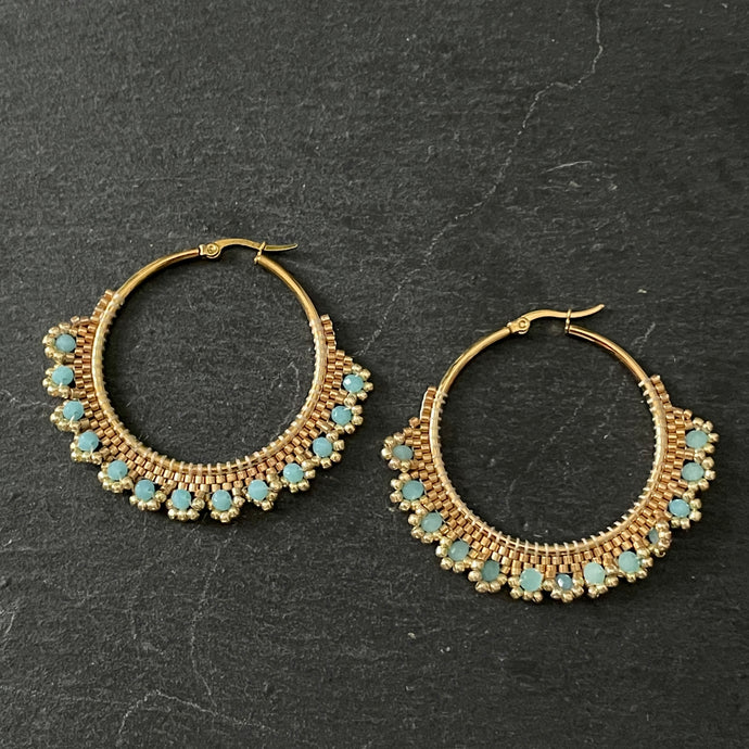 Boho handmade hand beaded gold hoop earrings