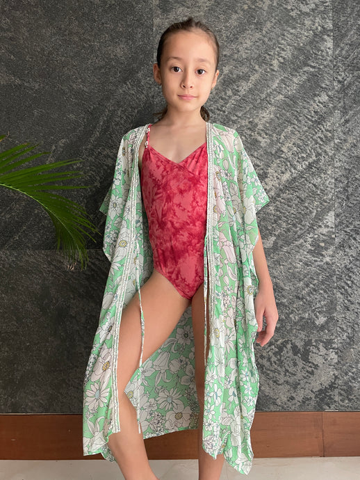 Luana shamrock green floral kaftan with crystal trim kids long beachwear resort wear beach kaftan in a mommy and me matching set