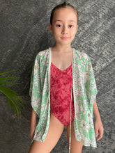 Load image into Gallery viewer, Leilani shamrock green floral chiffon with pearl beaded trim kids beachwear resort wear beach kaftan