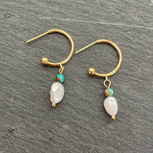 Load image into Gallery viewer, Aquaria Freshwater Pearl &amp; Turquoise Gold Hoop Earrings