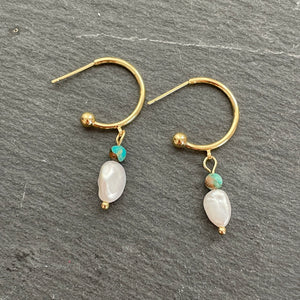 Aquaria Freshwater Pearl & Turquoise Gold Hoop Earrings