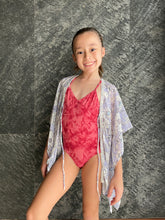 Load image into Gallery viewer, Luana periwinkle purple floral kaftan with crystal trim kids beachwear resort wear beach kaftan in a mommy and me matching set