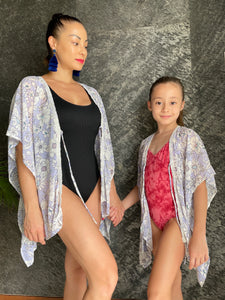 Luana periwinkle purple floral kaftan with crystal trim petite womens beachwear resort wear beach kaftan in a mommy and me matching set