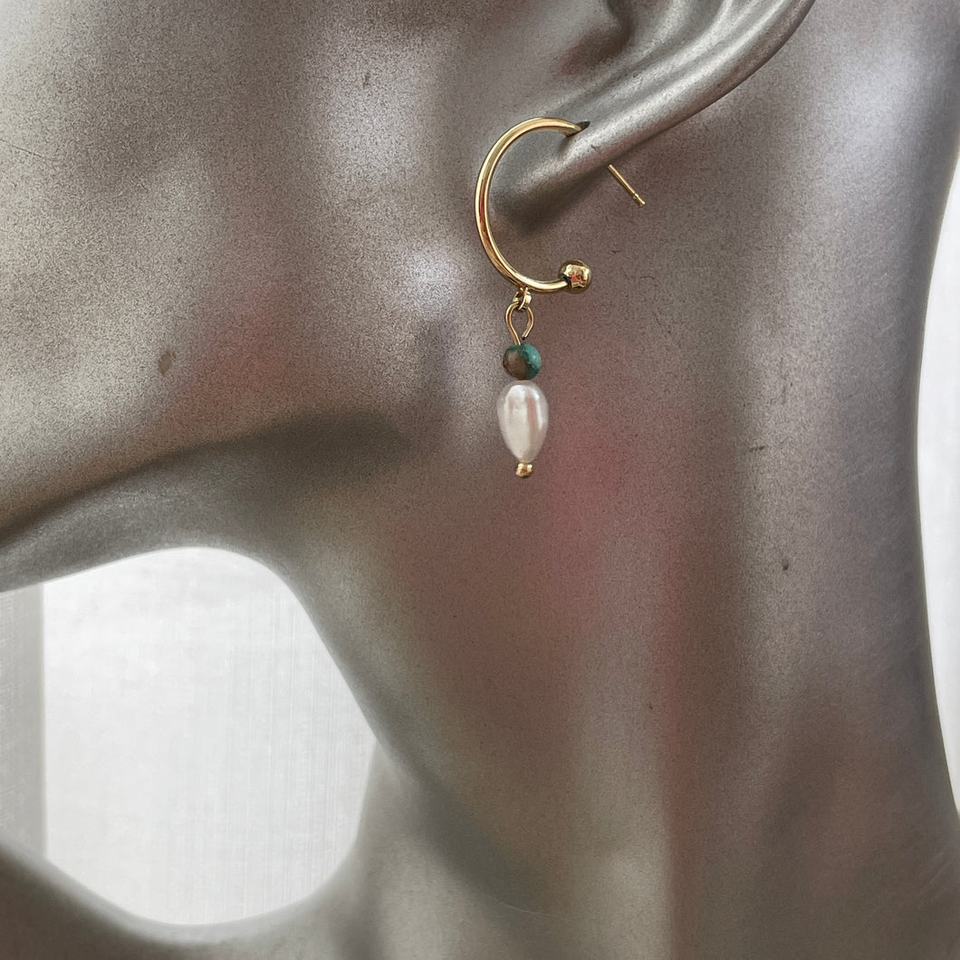 Aquaria Freshwater Pearl & Turquoise Gold Hoop Earrings