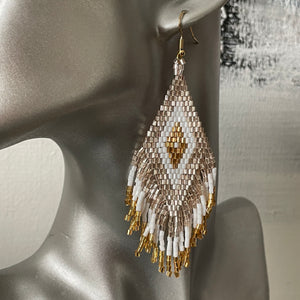 Sakari midi handmade beaded boho chic ethnic inspired statement dangle earrings in gold and white