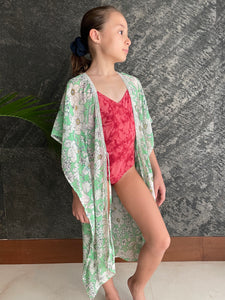 Luana shamrock green floral kaftan with crystal trim kids long beachwear resort wear beach kaftan in a mommy and me matching set