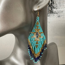 Load image into Gallery viewer, Sakari midi handmade beaded boho chic ethnic inspired statement dangle earrings in blue