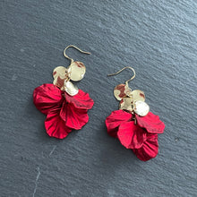 Load image into Gallery viewer, Scarlet shimmer red floral dangle earrings with gold accents