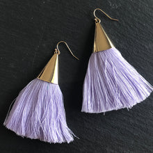 Load image into Gallery viewer, Cersei boho chic tassel earrings with gold accents in light purple
