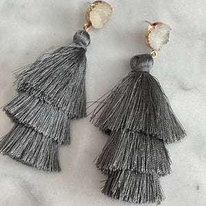 Lightweight 3-tier silk thread tassel earrings with druzy resin accents in dark grey